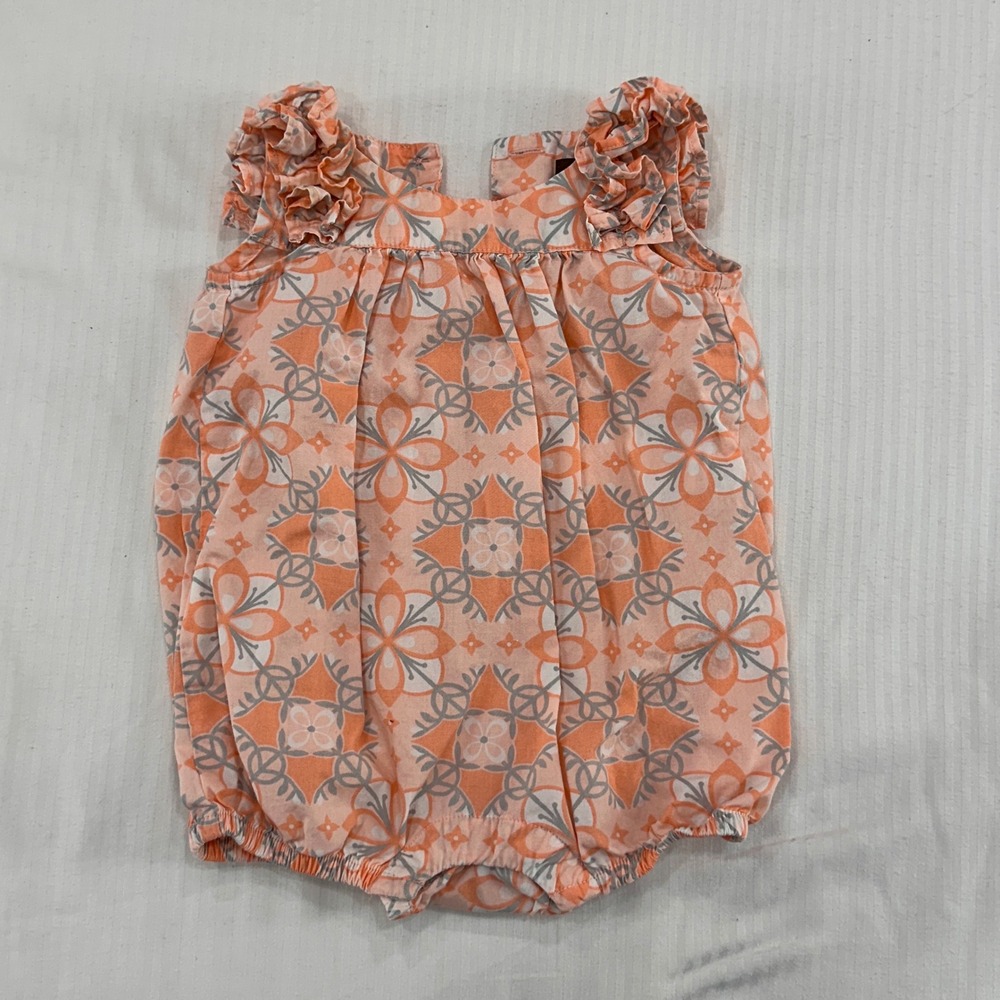 Tea Collection Floral Geometric Bubble Romper Baby Girl 3-6M Peach Ruffle | Boho
